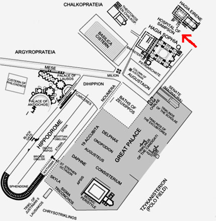 Kaart van Constantinopel, met het armenhospitaal (aangeduid met rode pijl) dat de heilige arts-priester Sampson in de 6de eeuw oprichtte, met de steun van keizer Justinianus I, tussen de kathedralen Hagia Sofia en Eirene.