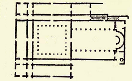 Grondplan van de basilica (rechts) en xenodochium (links) in Porto. A. L. Frothingham, The Monuments of Christian Rome, p. 49.