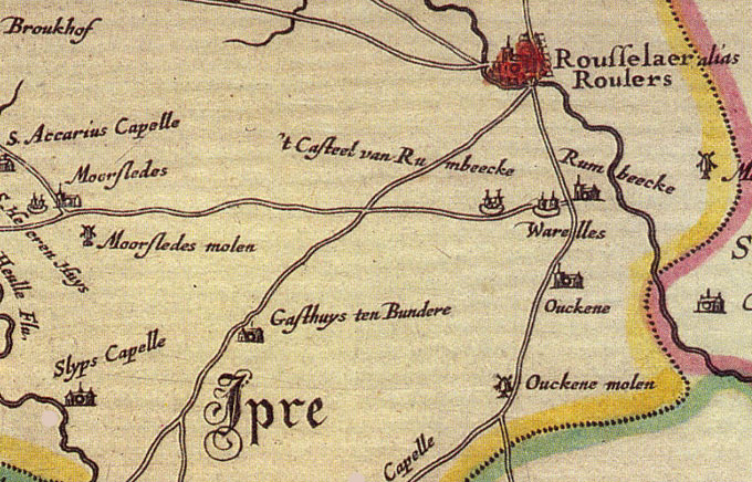 De Gallo-Romeinse heerweg tussen Roeselare en Ledegem (Joan Blaeu, 1662. Fragment van de kaart De Casselrye van Ipre.