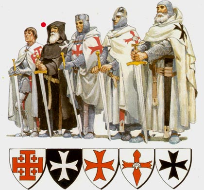 Middeleeuwse ridders. De tweede van links is een hospitaalridder van St.-Jan.