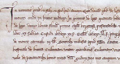 detail van de oorkonde uit 1269 met, op de zesde regel, de verwijzing naar het Hospitaal de Bunra