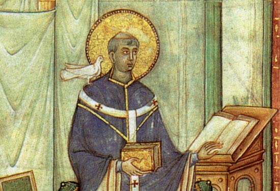 Paus Gregorius I de Grote. Miniatuur, 983. Trier, Stadsbibliotheek