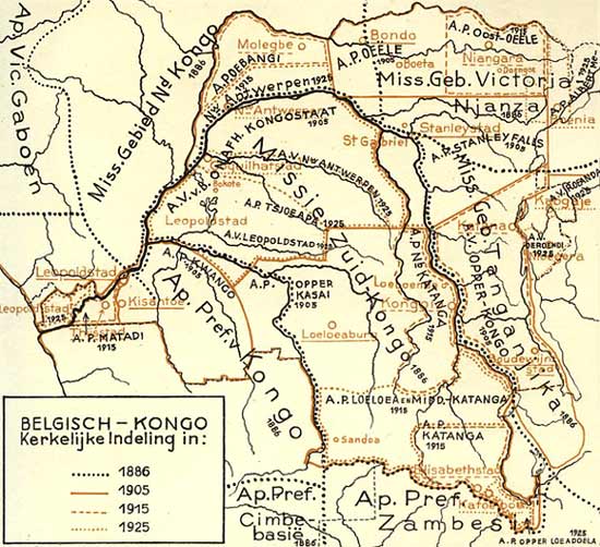 kaart met de kerkstructuren in Congo (eerste kwart 20ste eeuw)