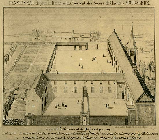 oudste voorstelling van het klooster en de scholen in Moorslede (1840)
