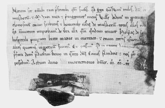 Schenkingshandvest (1211) van ridder Goswijn, Heer van Moeskroen. (Bron: José Vanbossele)