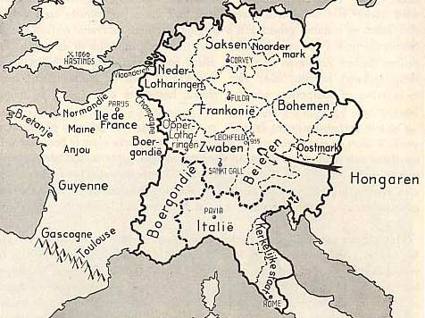 Het middenrijk, het hertogdom Lotharingen, dat in 855 in tweeën werd verdeeld