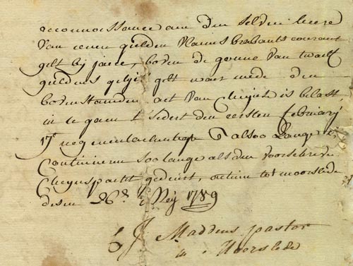Van pastoor Maddens is geen afbeelding bewaard gebleven, wél dit handschrift (26 mei 1789)