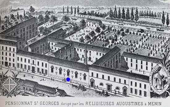 Het indrukwekkende klooster- en scholencomplex van de Zusters Augustinessen in Menen. Ets, eind 19de eeuw.