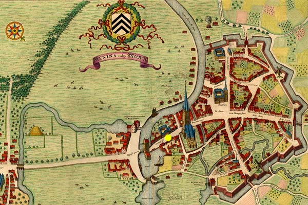 Het hospitaal (bij gele stip) op een kaart van Menen, 1649. Joan Blaeu in Verheerlykt Vlaandre (A. Sanderus)