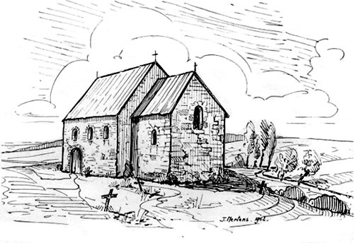 Tekening van het eerste stenen zaalkerkje  in Leefdaal (J. Mertens, 1951)