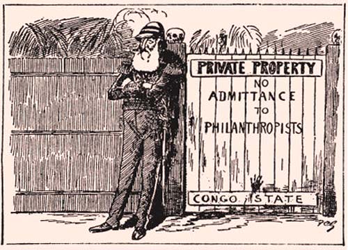 Leopold II bij de ingang van zijn Congo-Vrijstaat. Persoonlijke eigendom. Geen toegang voor filantropen. Engelse spotprent, 1906.