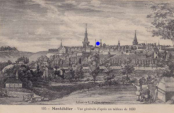 Algemeen zicht op Montdidier in 1740. Het Hôtel-Dieu is met een blauwe stip aangeduid.