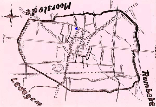 De plaats van het verdwenen Gasthuis ten Bunderen (bij de blauwe stip), binnen de grenzen van de huidige St. Godelieveparochie van Beitem