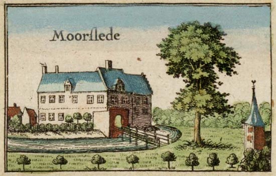 Het kasteel van de heer van Moorslede. J. Blaeu. Kaart, Kasselrij Ieper (detail), 1641.