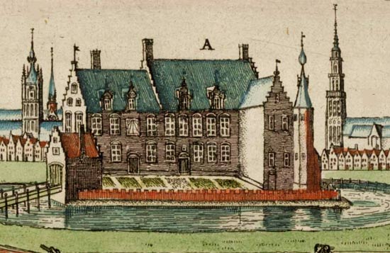 Zaalhof van de kasselrij Ieper. J. Blaeu. Kaart, Kasselrij Ieper (detail), 1641.