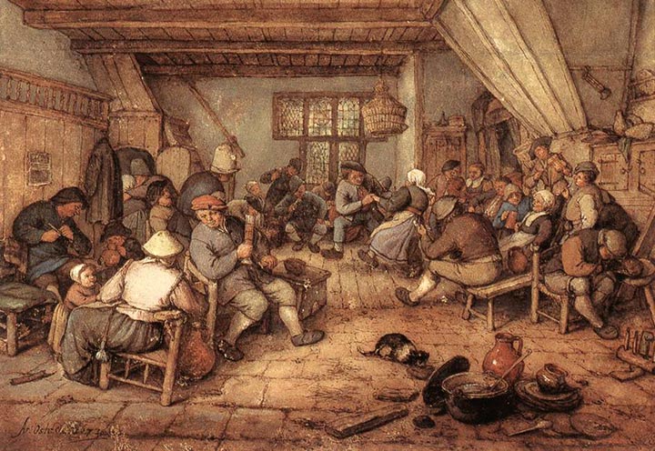 Feestende boeren in een herberg. Adriaen van Ostade, 1673.