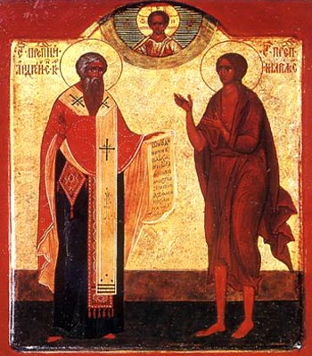 metropoliet Andreas van Kreta (links) op een middeleeuwse icoon