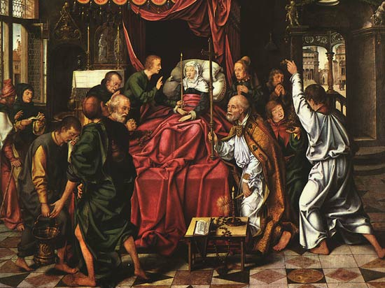 het overlijden van Maria. Joos van Cleve, 1520. Munchen, Alte Pinakothek.