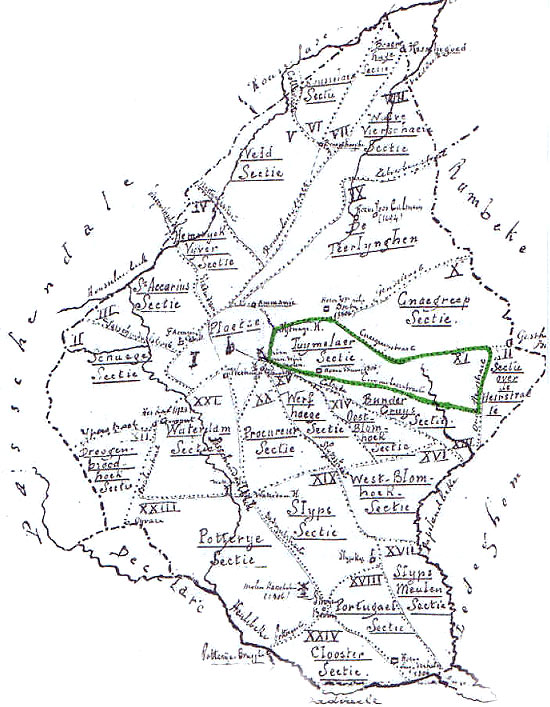 Kaart met de 10 secties van Moorslede in de Franse Tijd (1797). De Tuimelaer-Sectie is groen omzoomd (Bron: Linda Malfait/ Jan Vanderhaeghen.