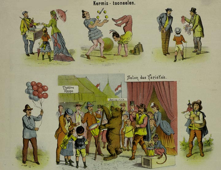 Kermistaferelen met dansende beer, jongleurs, muzikanten, googelaar, enz. (prent, ca. 1800). 