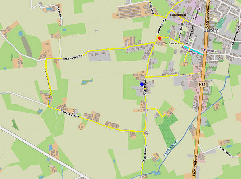 De (stukken van) straten, die heden ten dage de Tuimelarehoek in Moorslede vormen.