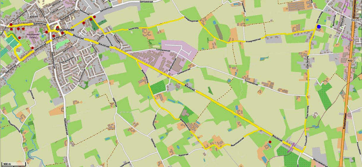 Kaart met het traject van de Ten Bunderen Route. (OpenStreetMap)