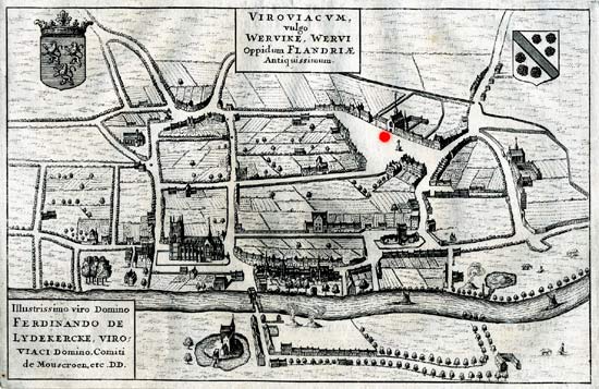 Het hospitaal (rode stip) op een kaart van Wervik, A. Sanderus, Flandria Illustrata (1641-44)